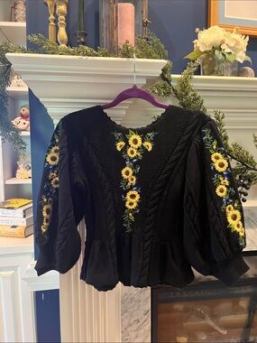 FARM Rio Black Sweater with intricate beautiful  Yellow Sunflower Embroidery